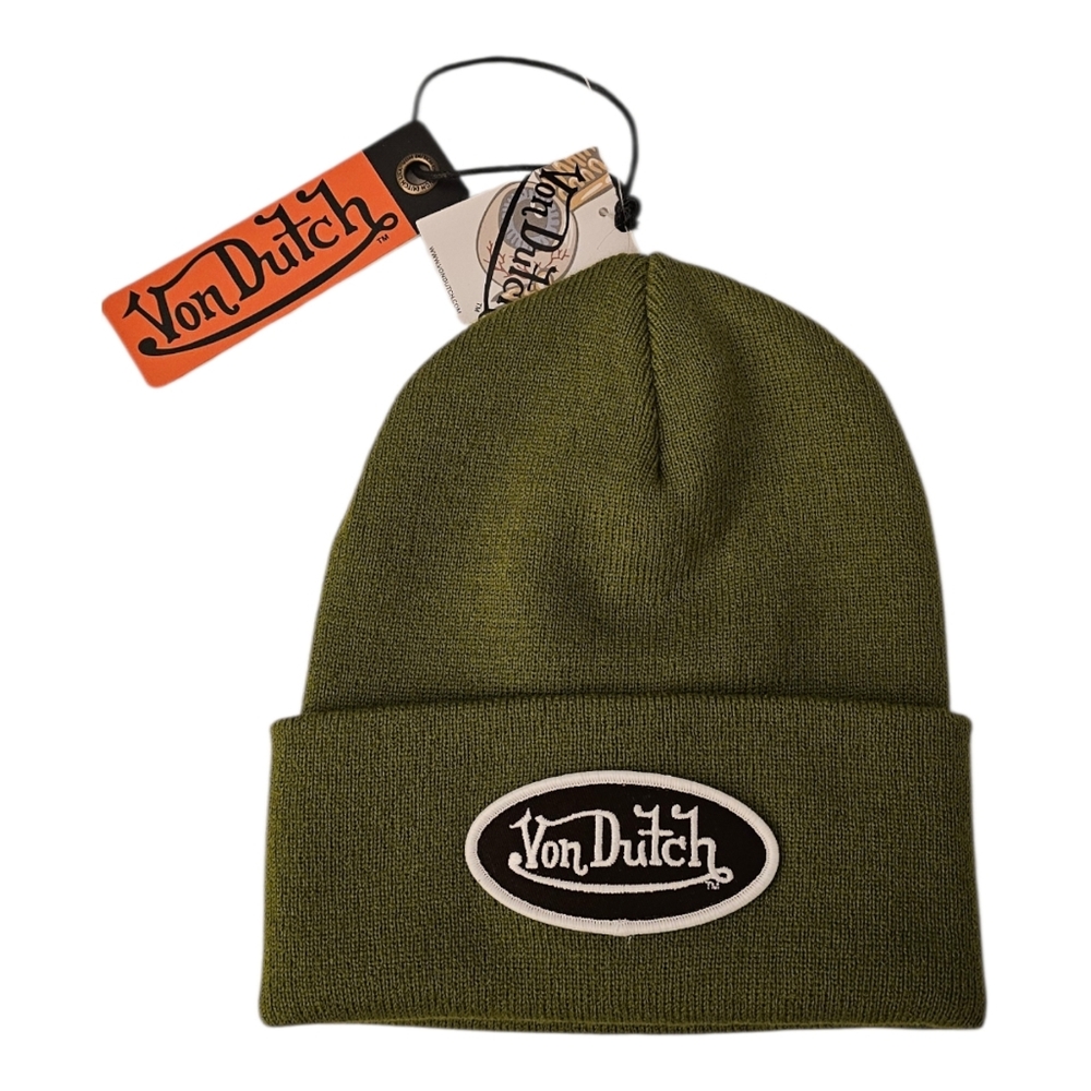 NWT Von Dutch Hunter Green Knit Beanie Hat Iconic Y2K Embroidered Patch Logo OS